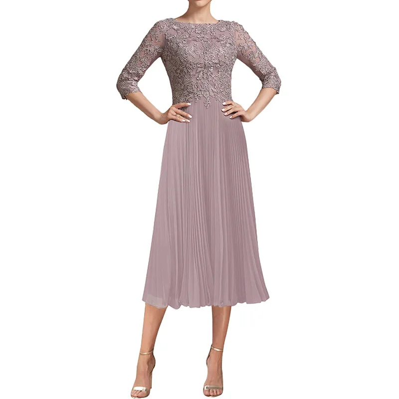 Tee Länge Mutter der Braut Kleid Strand elegante Chiffon Spitze Applikationen Gast Party Kleider Robe de Soiree