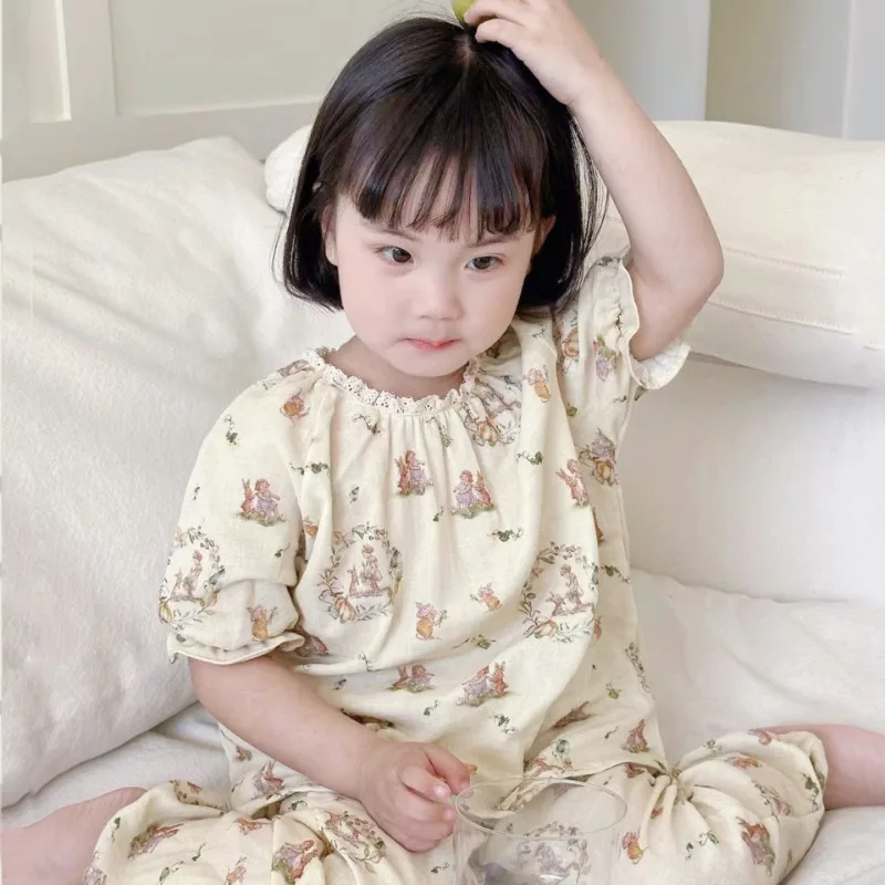 

Summer Kids Clothes Girls Loungewear Spring Cotton Yarn Sweet Girl Pajama Suit for Babies Casual Solid Young Children's Clothing