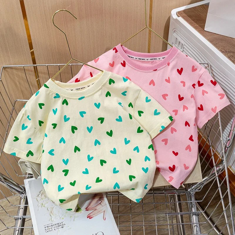 

18M-6Y Summer Girls T-shirt Short Sleeved Top Baby Fashionable Children Personalized Fashion Full Print Love Half Sleeve