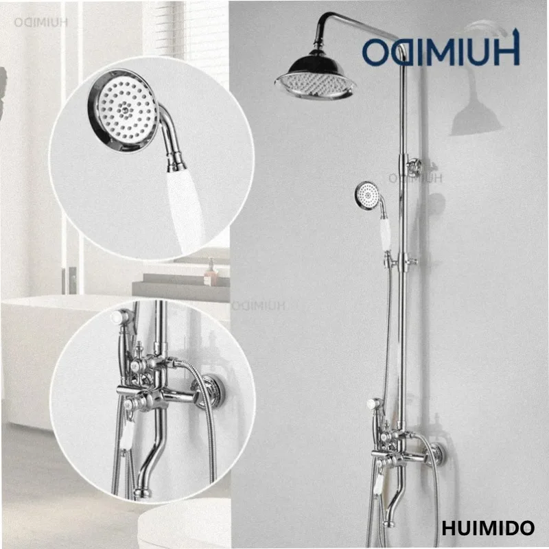 Vintage Shower System Brass Lightweight Luxury Gold Shower Head Adjustable Height Single Handle Cold Hot Water, Spray Gun