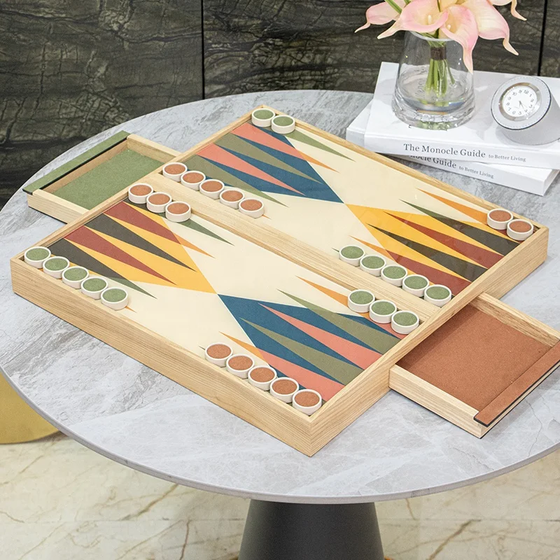 Elegant Modern Waterproof Home Decor Premium Wooden Backgammon Set With Colorful Kaleidoscope Design