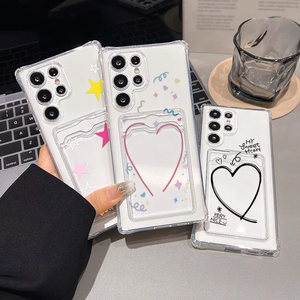 Kart tutucu kılıf Samsung A55 5G A54 A15 A16 A35 A52 A53 A73 A34 A33 A14 A13 A12 A32 A72 A25 A24 A22 yumuşak aşk kalp kapakları