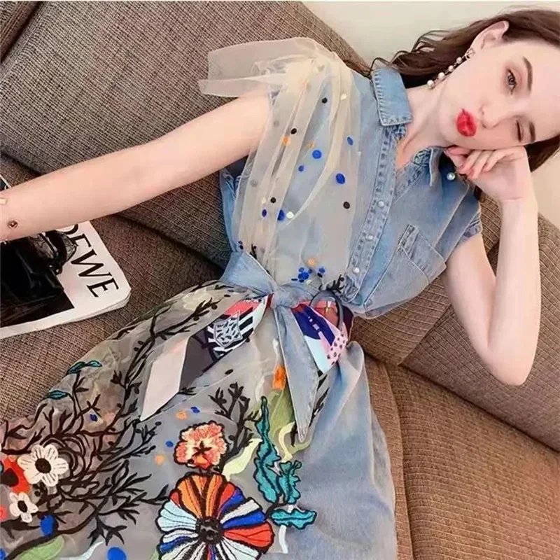 Denim dress summer female French retro waist thin temperament goddess Fan mesh stitching denim dresses women blue