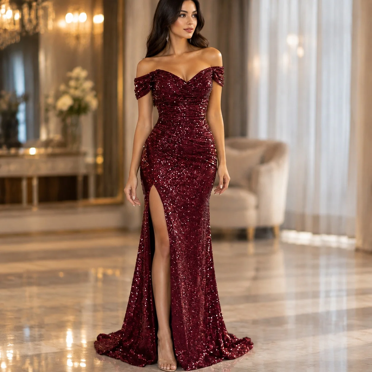 Sequin Gown Sequined Pleated Japanese and Korean Casual with Sequin One Dress Sleeveless Mid Rise Long Pleated Dress for Women