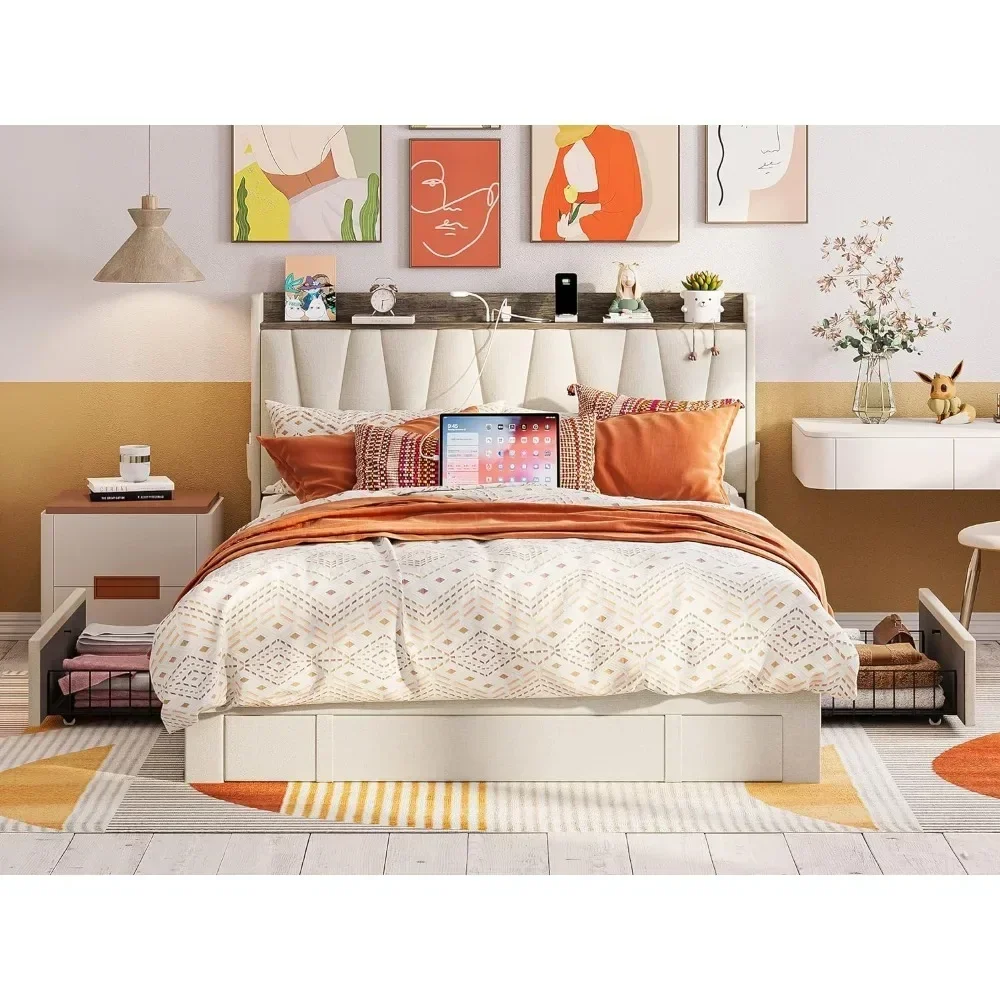 Bed Frame with 3 Drawers, Upholstered Platform Bed with Storage Headboard and Charging Station, No Box Spring Needed