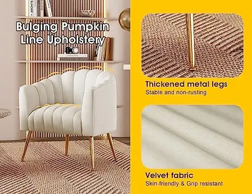 Oversized Pumpkin Velvet Barrel Chair, Modern Armchair for Living Room, Office, Beige