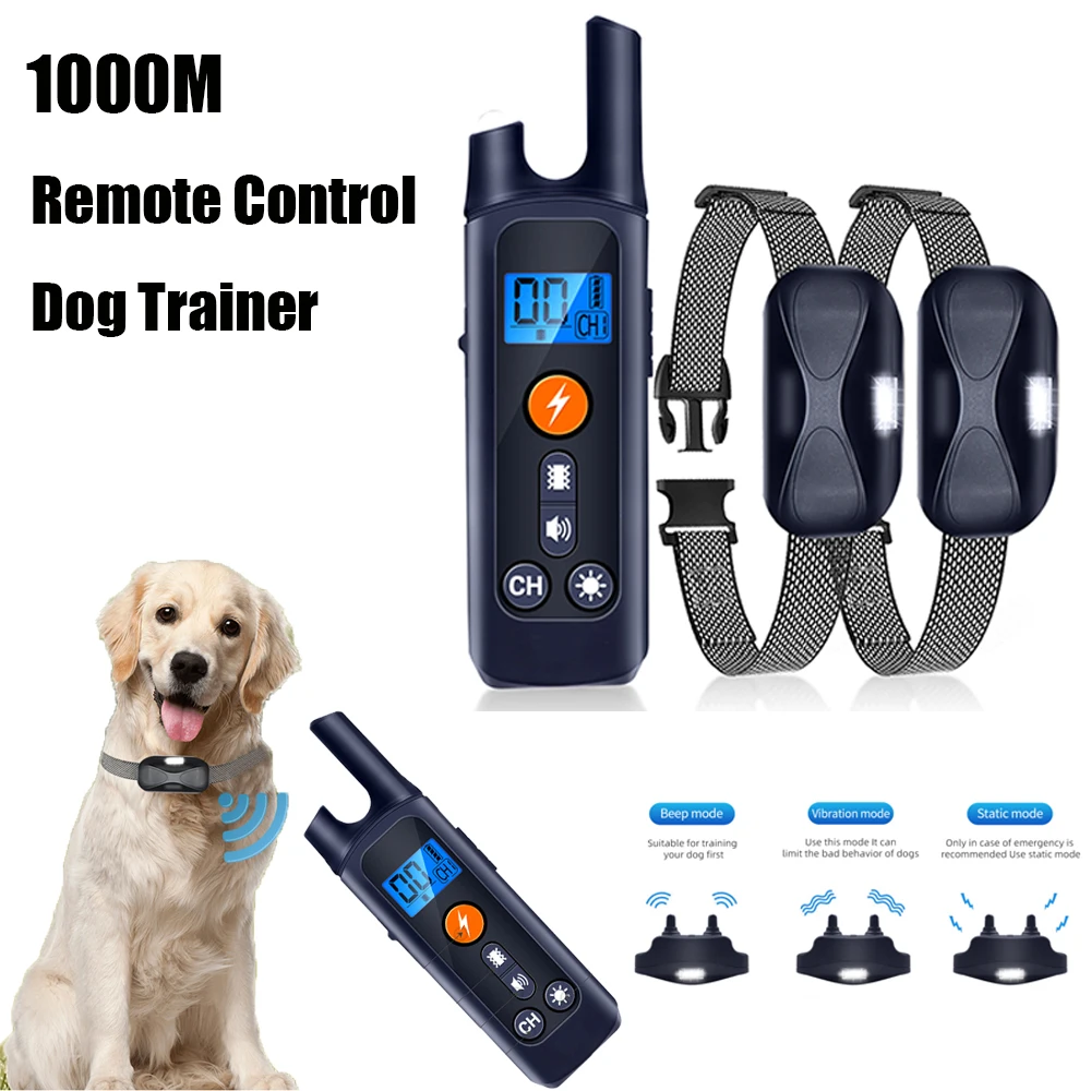 

1000M Distance Dog Training Collar Waterproof Remote Control Dog Trainer Electric Anti-bark Stopper With Shock Vibration Sound