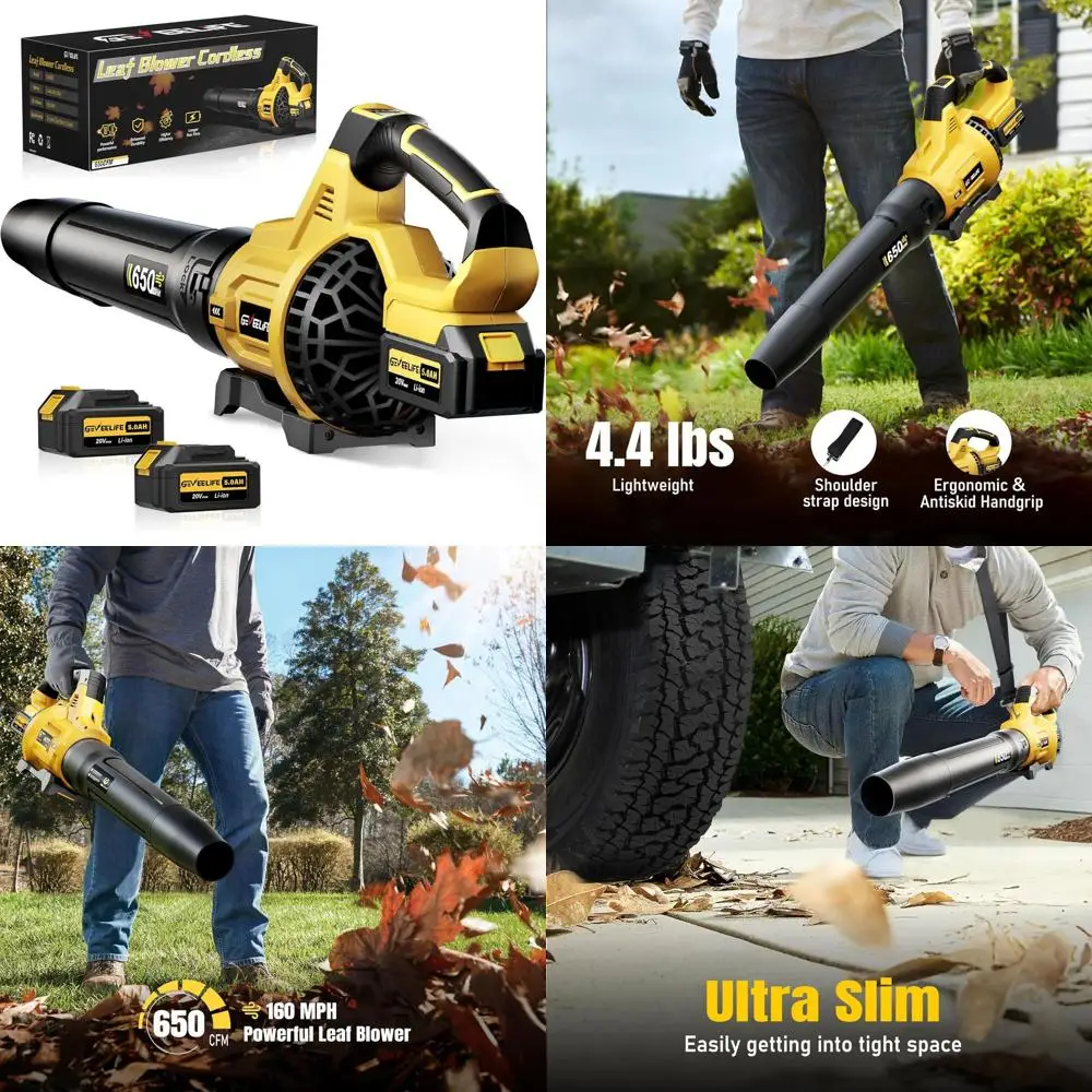

Cordless Leaf Blower 650CFM, 3-Speed Levels, 2x 5.0Ah Batteries, Ideal for Lawn, Yard, Leaves, Dust, Snow Removal