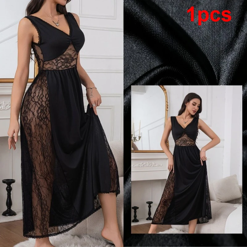 Sheer Mesh Long Nightdress Vertical View - Sleeveless Lace Sleep Dress for Comfortable Rest