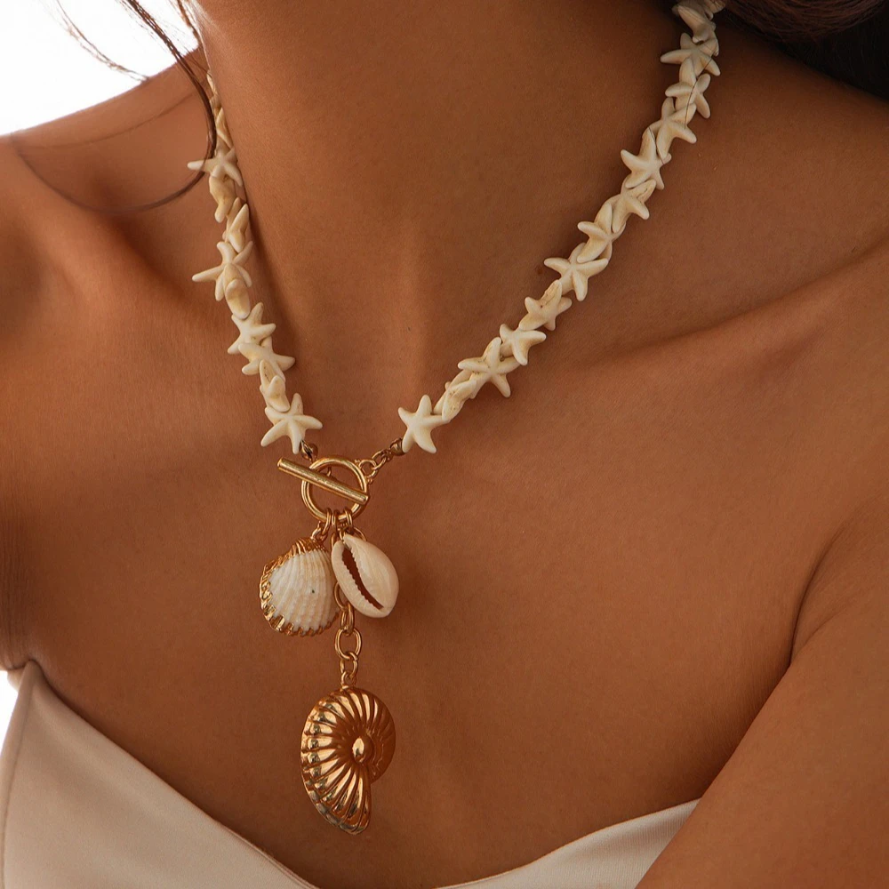 Bohemia Starfish Beads Strung Together Gold Color Rim Shell Conch Pendant OT Chain Necklace for Women Summer Beach Retro Jewelry