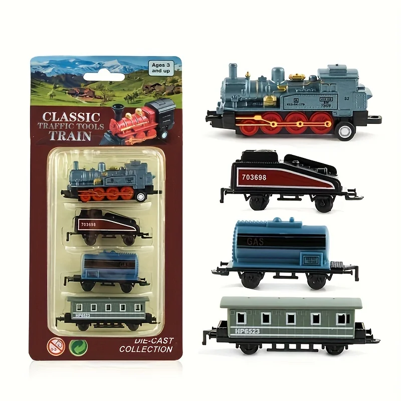 Mini Alloy Retro Steam Train Toy Kit Die-Cast Pull Back Simulation Steam Train Model Toys for 3-6 Years Old Kids Boys and Girls