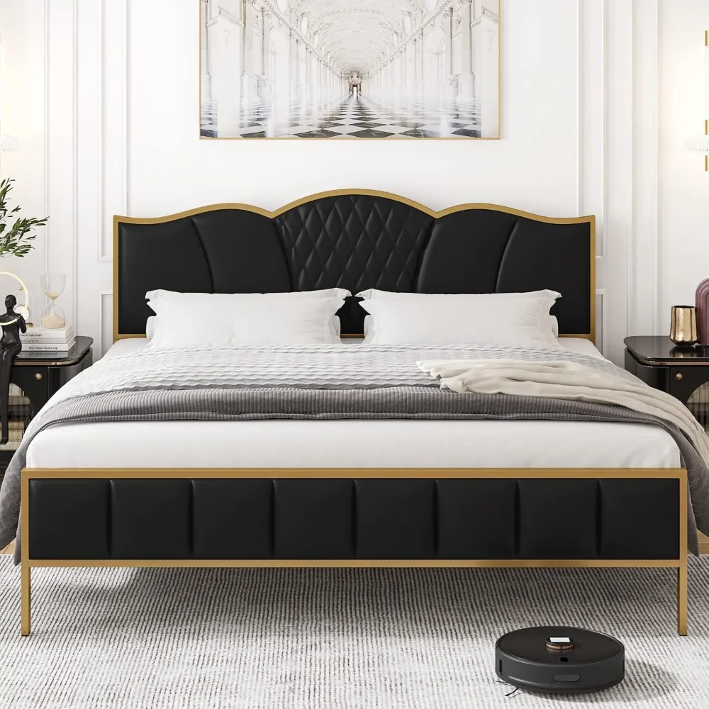 

Bed Frame Modern Upholstered PU Bed Frame with Tufted Headboard,Heavy Duty Platform Bed with Wood Slat Support