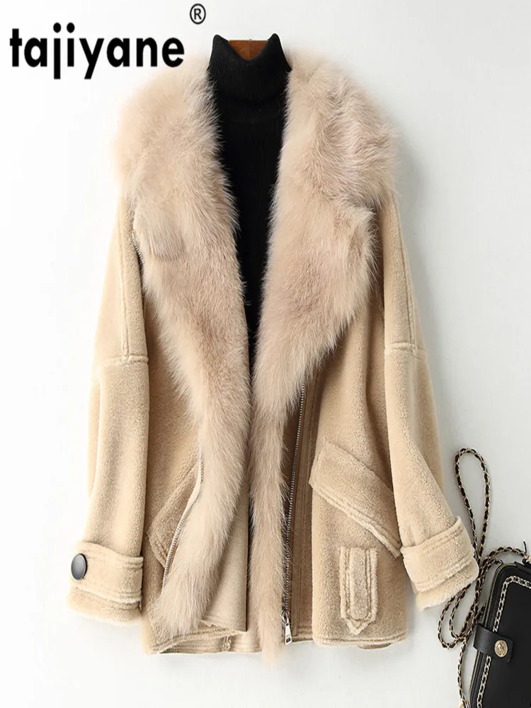 

Real Fur Coat Female Jacket Winter Korean Fox Collar Women's Sheep Shearling Suede Lining Women Tops ZT1605