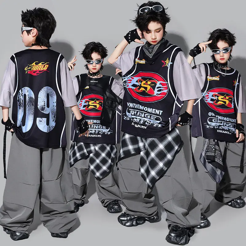

Children Hip Hop Clothes Street Dance Performance Costume Oversize Short Sleeve Top Gray Pants Boys Jazz Outfit Streetwear 3689