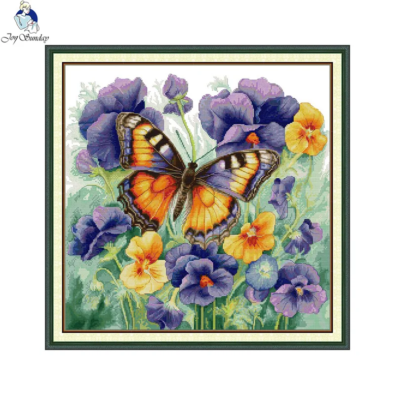 Joy Sunday Cross Stitch Kit DIY Handmade Embroidery Butterfly with Pansies Pattern Living Room Hanging Display Home Decoratin
