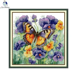Joy Sunday Cross Stitch Kit DIY Handmade Embroidery Butterfly with Pansies Pattern Living Room Hanging Display Home Decoratin