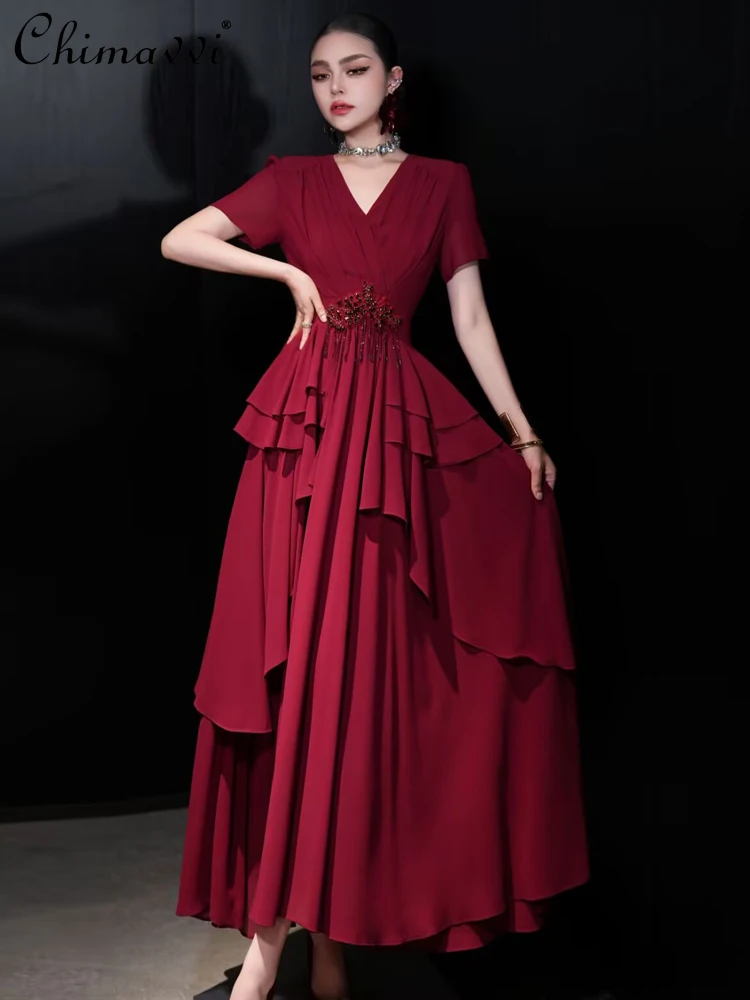 

2025 Summer New High-end Fashion V-neck Slim-fit Long Dress Luxury High Waist Slim Temperament Party Irregular Pendulum Dress