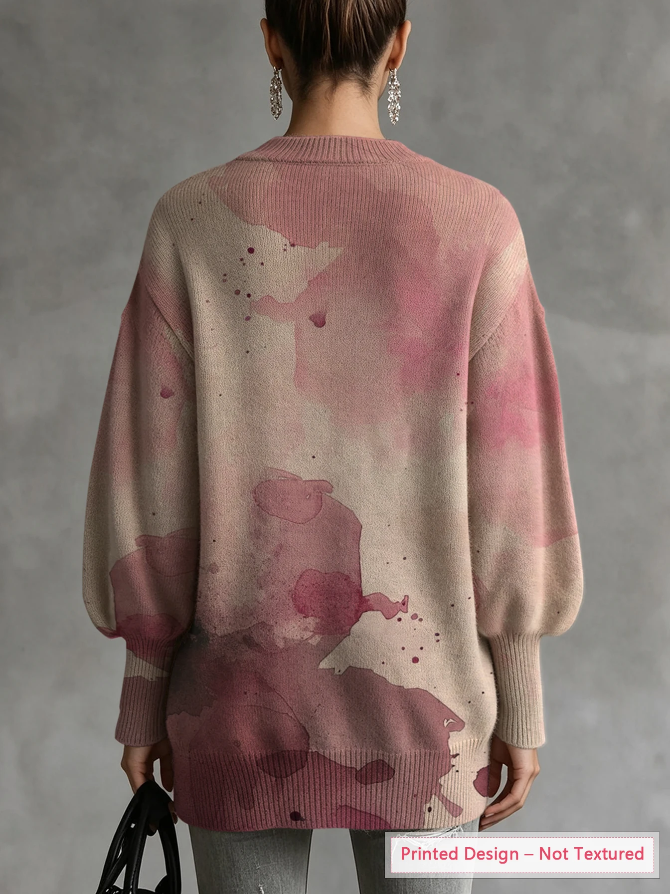 Women's Autumn and Winter Tops, Pink Tie-Dye Style Pattern, Irregular Hem, Lantern Sleeves, Thin Pullover Sweater