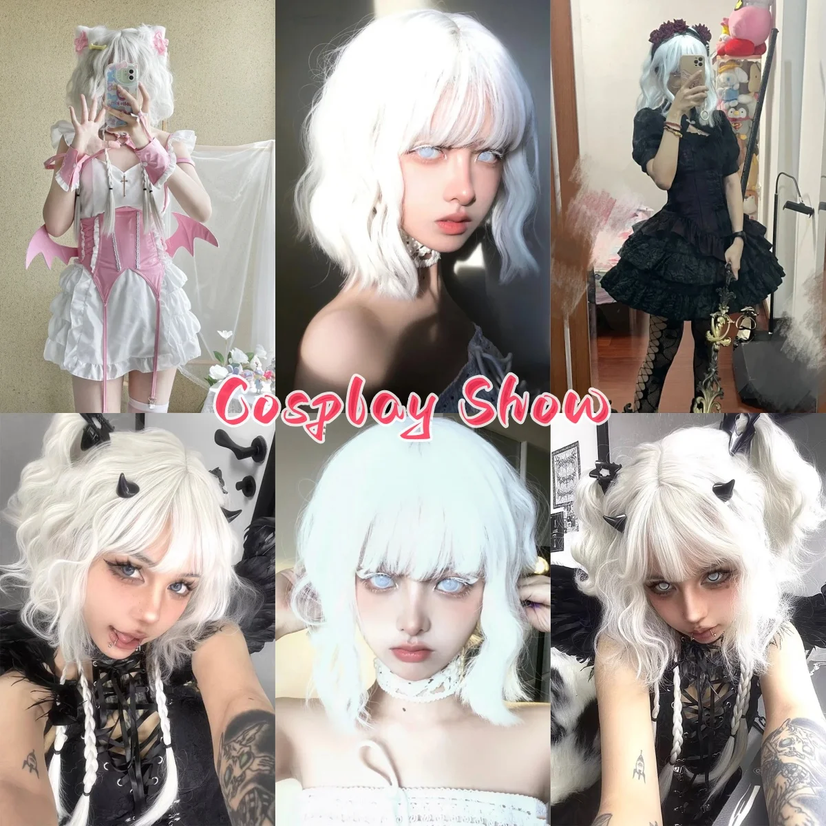 HENRY MARGU Egg Roll Wavy Synthetic Hair Wigs White Short Wave Cosplay Wig with Bangs Christmas Wigs for Women Heat Resistant