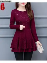 M-5XL Tunic Tops Hot Sales Women Long Sleeve Elegant Office Lady Patchwork Sheer Belly Design Peplum Top Blouses 339