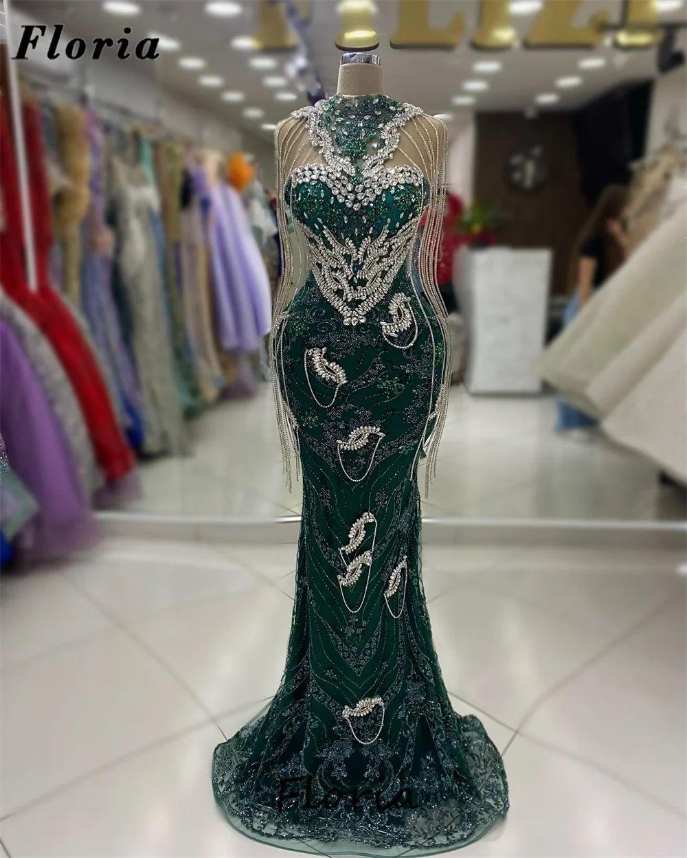 

Full Beaded Evening Dresses High Neck Celebrity Dress Vestidos De Gala Elegant Dubai Mermaid Beading Party Dress Engagement Gown