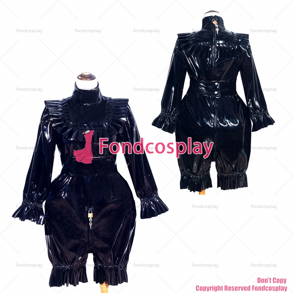 fondcosplay adult sexy cross dressing sissy maid short French Lockable Black thin PVC Romper Jumpsuit Uniform CD/TV[G4010]