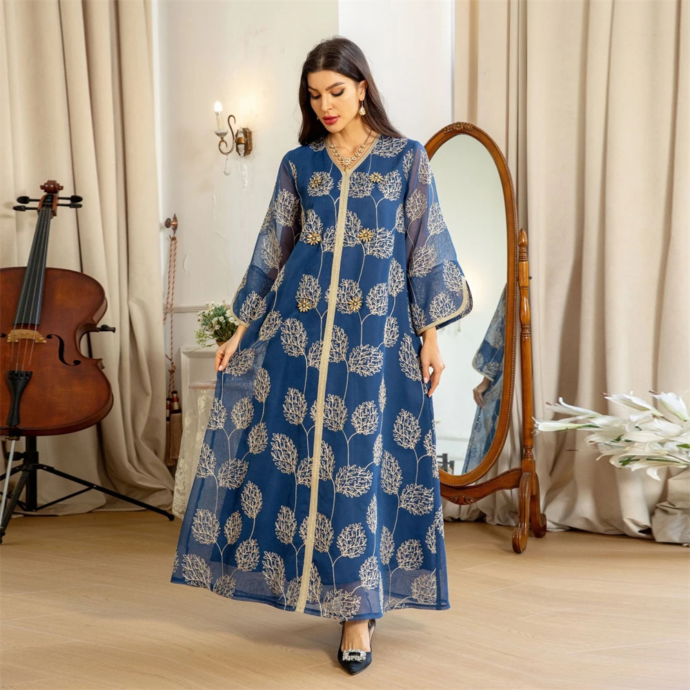 

Ramadan Blue Organza Embroidery Islam Dress Muslim Kaftan Jalabiya African Dresses For Women Robe Femme Musulmane