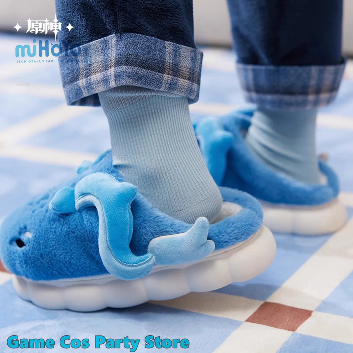 [Genuine] Game Genshin Impact Neuvillette Thematic Impressions Plush Slippers Anime Cosplay Cartoon Dragon Shoes Xmas Gifts New