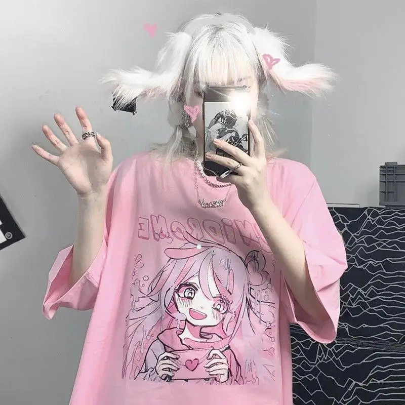 Y2K Anime kawaii oversized Casual cute Tops Summer Fashion Punk o-neck Short-Sleeves Unisex Streetwear t-shirt Women Wild tops