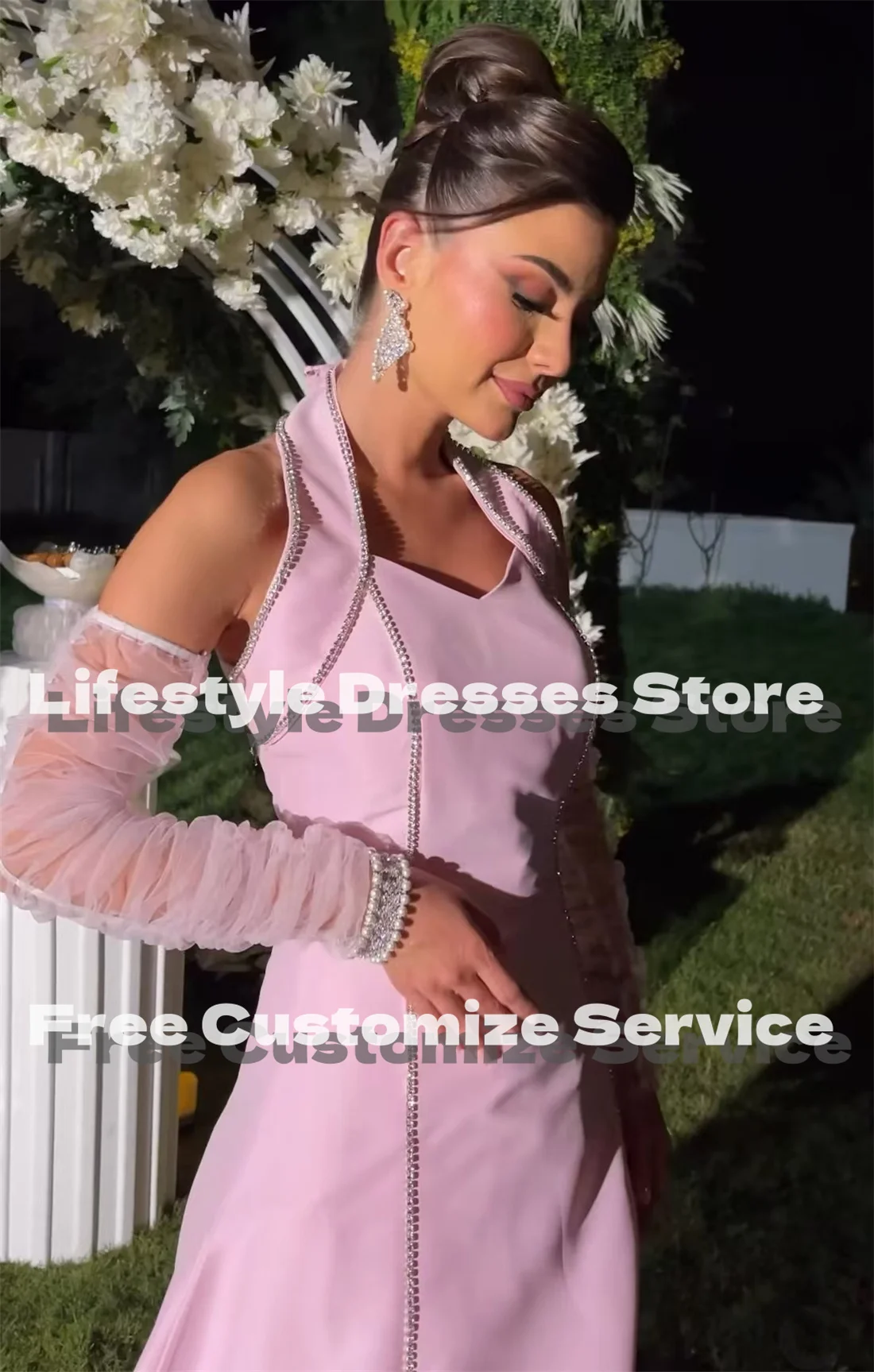 Vestido de noche personalizado con decoración brillante de satén rosa Halter, con guantes de tul, corte en A, ocasión Formal, vestido de fiesta elegante