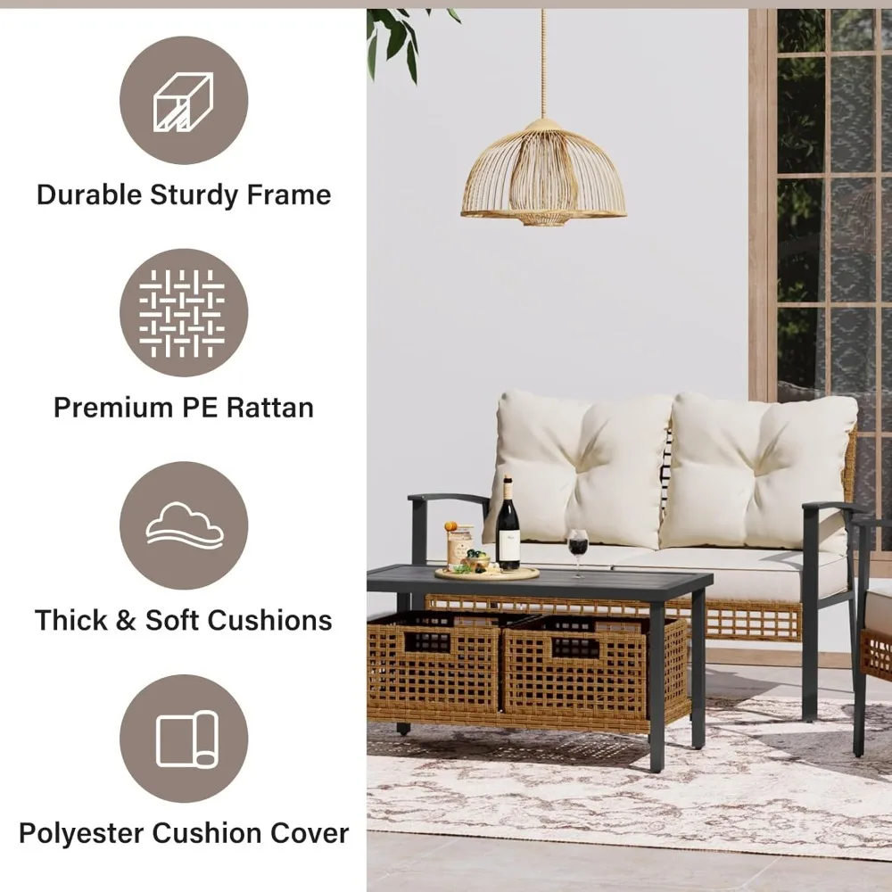 Outdoor Patio Loveseat with Coffee Table Set of 2, 2 Pieces Comfortable Oversized Wicker Furniture Conversation, Customized