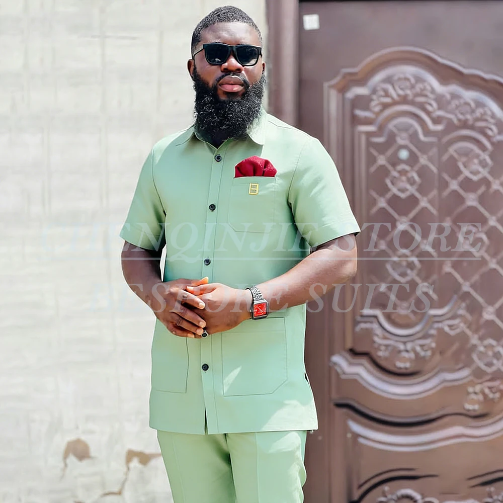 

Мужские костюмы в африканском стиле: комплект из 2 предметов (пиджак с коротким рукавом и отложным воротником, брюки), стандартный крой, высокое качество, с разрезом сзади, полный комплект.