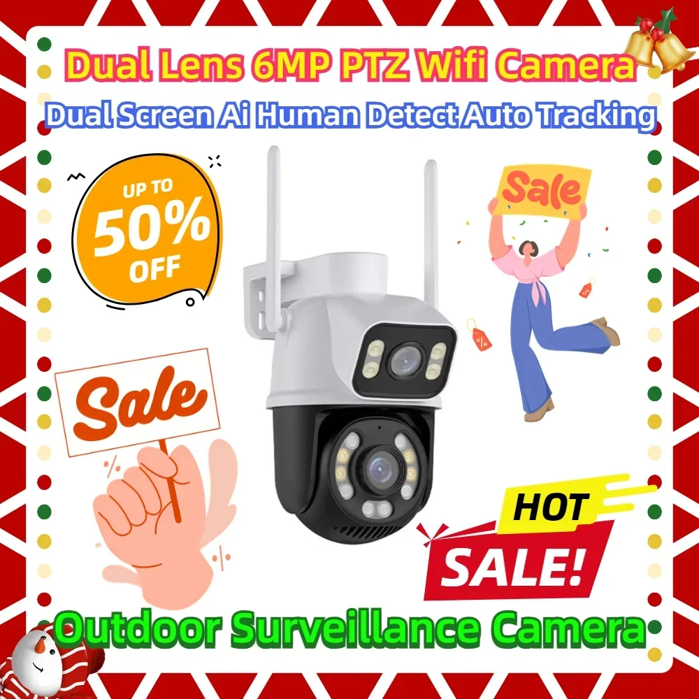 

With Dual Screen Ai Human Detect Auto Tracking Outdoor Surveillance Camera ICSee Dual Lens 6MP PTZ Wifi Camera