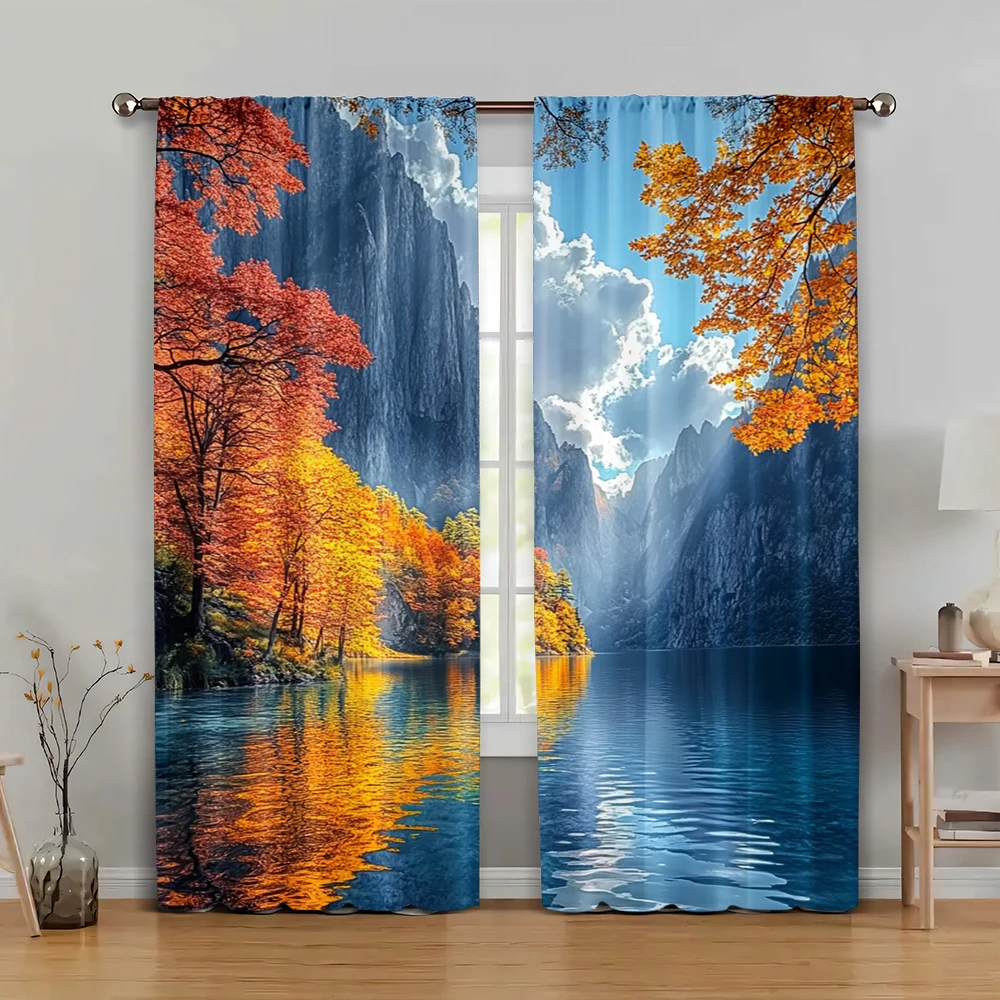 

2pc, Party Curtain Yosemite Autumn Trees and Reflective Lakes Versatile Fabric,Without Electricity Festive Holiday Perfect for