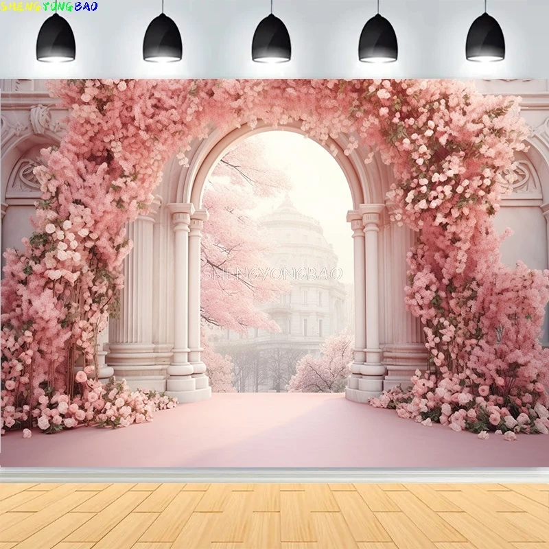 

Elegant White Wedding Hall Beautiful Palace Castle Photography Backdrops Elegant Pastel Flower Photo Studio Background DT-05