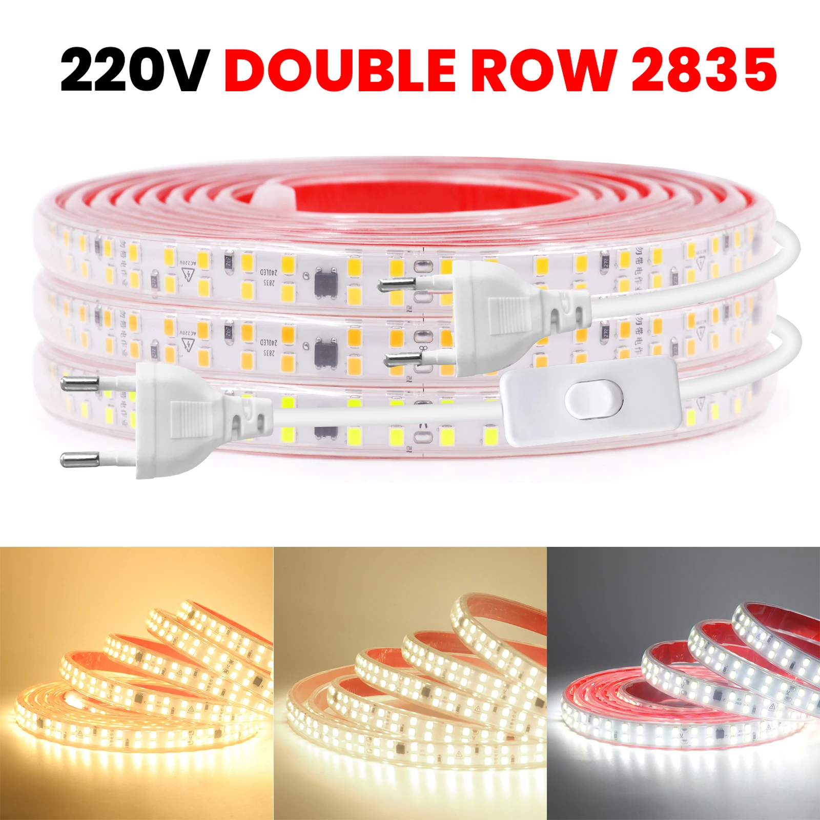 

High Bright Double Row LED Strip Light 220V 2835 240LEDs Flexible LED Tape with Adhesive Waterproof LED Ribbon for Home Decor