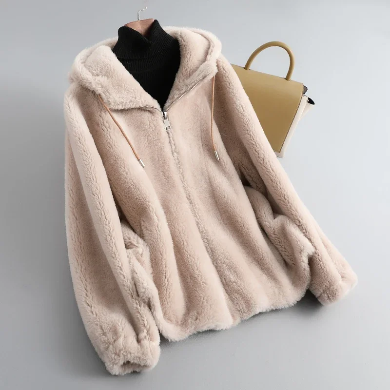 Imagem -05 - Ayunsue 100 Sheep Shearing Jaqueta Roupas Femininas Inverno Cabolsa de Pele Real Feminino Jaquetas de lã Solta com Capuz Abrigo Mujer Sqq1183