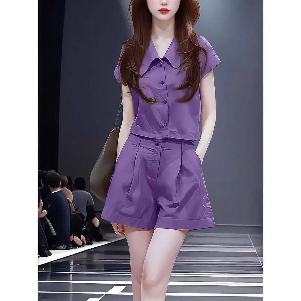 

Purple Fashion Casual Set Women's Summer New Korean Edition Short Sleeved Shirt Top Shorts Two Piece Set