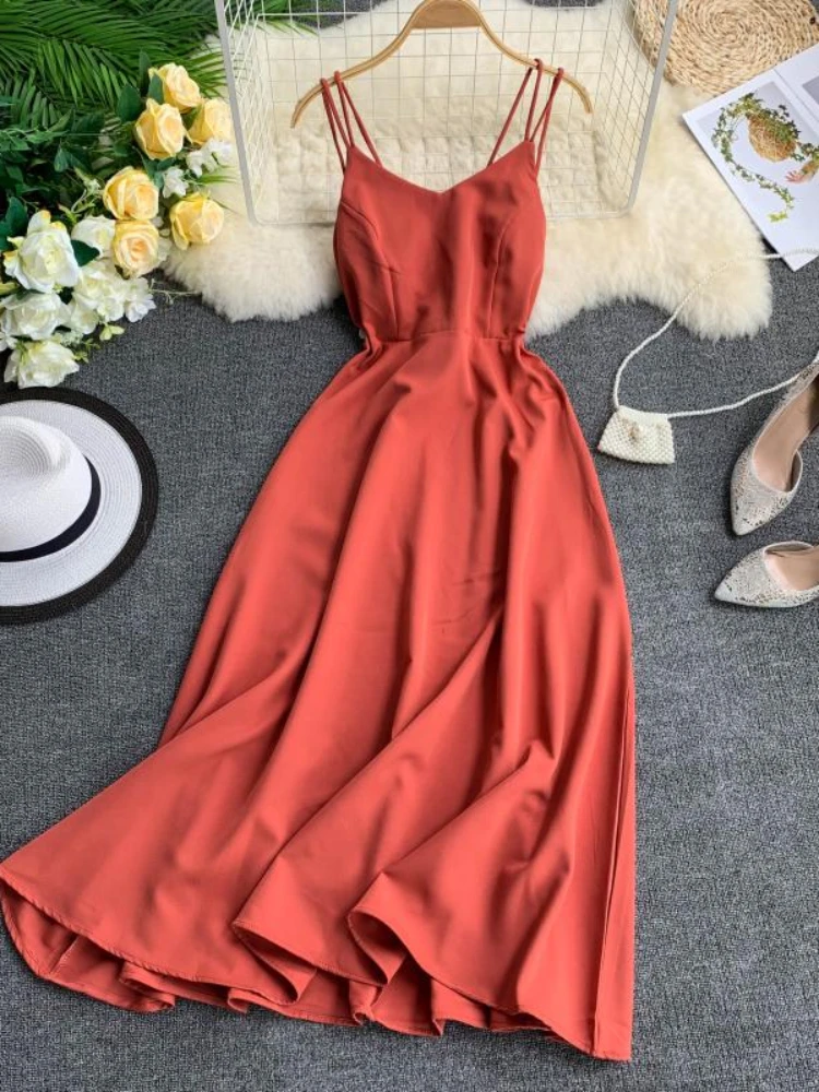 Summer Beach Long Dress Women Sexy Cross Strap Backless Solid Evening Party Dresses Ladies Sleeveless Summer Boho Long Robe