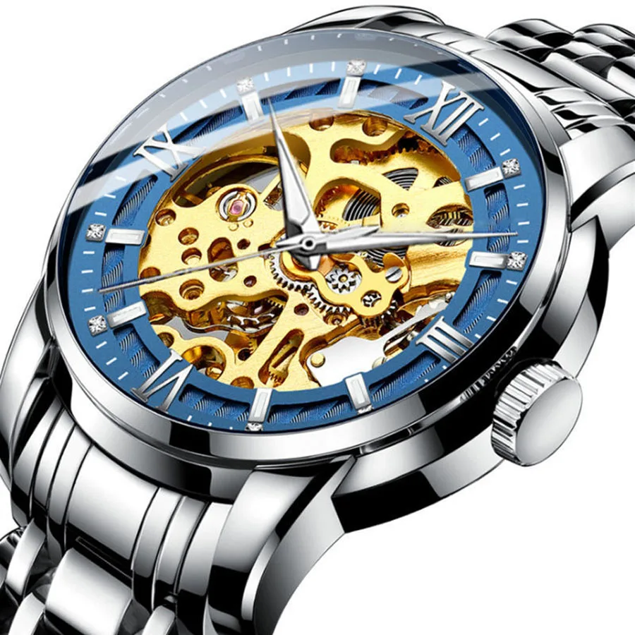 Fashion Watches Classic Rhinestone Watch Male Skeleton Watches Mechanical Stainless Steel Band Luminous Watch Reloj Hombre 2023