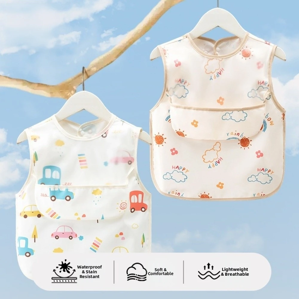 Cute Polyester Babies Feeding Bibs Waterproof Adjustable Neck Toddler Eating Aprons Pocket Design Cartoon Baby Bibs Mealtime Use