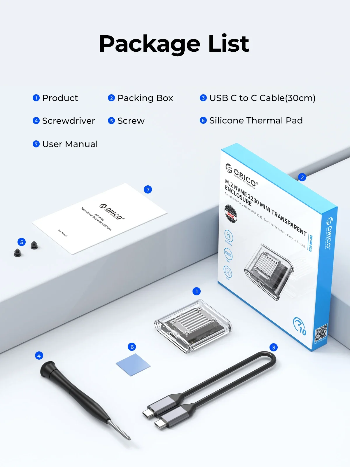 ORICO M.2 SSD Case NVME SSD Enclosure Tool Free 10Gbps M.2 to USB Type C Transparent External Adapter Support 2230 PCIe SSD