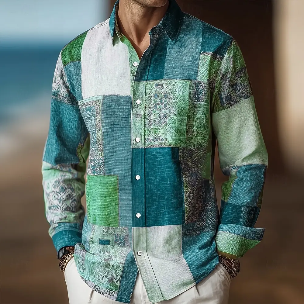 Men's Long Sleeve Shirt Color Block Patchwork Geometric Pattern Shirt Autumn Streetwear Casual Comfort Polyester Slim Fit Shirts