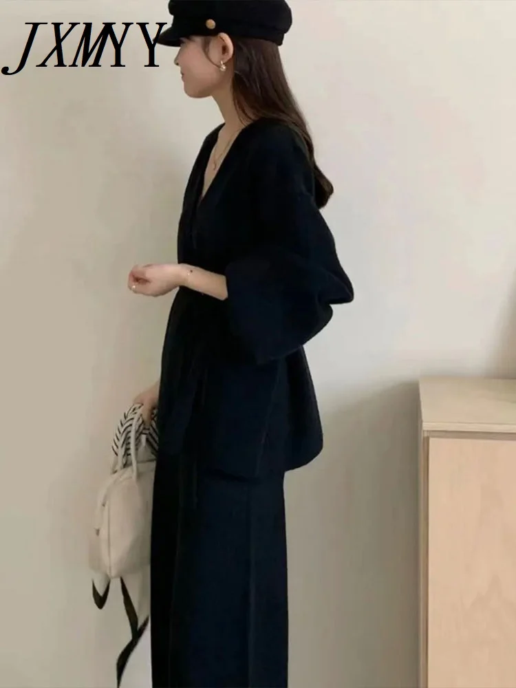 New Autumn Style Fashionable Elegant Temperament Retro Knitted Suit Women\'s Casual Cardigan Coat wide-Leg Pants Two-Piece Set