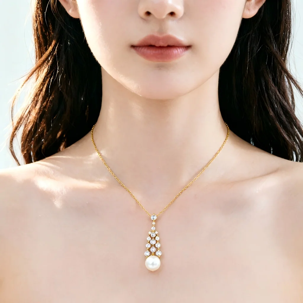 

JUNYE 18K Gold Plated Pearl Pendant Necklace for Women Waterfall Cluster Cubic Zirconia Drop Necklace Dainty Bridal Jewelry Gift