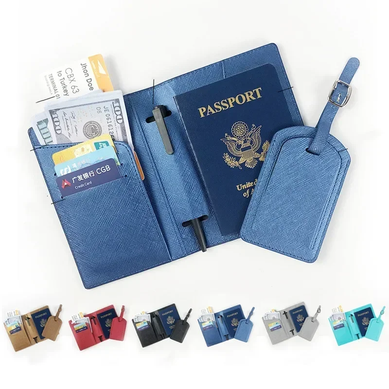 Passport Cover Case with Flight Ticket ID Credit Card Slot Pen Holder Pocket Travel Passport Holder Protector with Luggage Tag