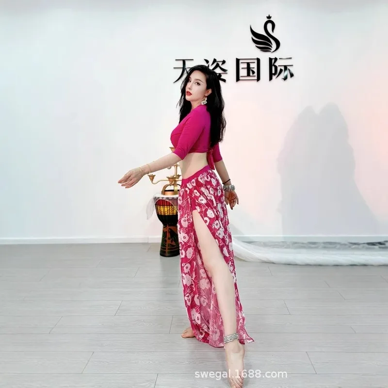 customized belly dance costumes practice suit set tied top green printed chiffon large swing skirt Oriental dance large size