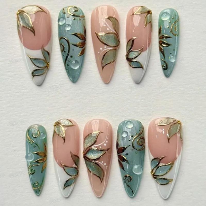 24Pcs Green Cat's Eye Design Press on False Nails 3D Gilded Line Fake Flower Nails Full Cover French Almond Detachable Nail Art