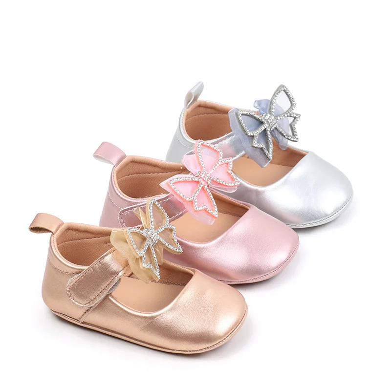 Cathery sepatu bayi perempuan Mary Jane flat lucu Rhinestones busur tambal sulam gaun sepatu Non-Slip sepatu boks bayi baru lahir sepatu kulit anak