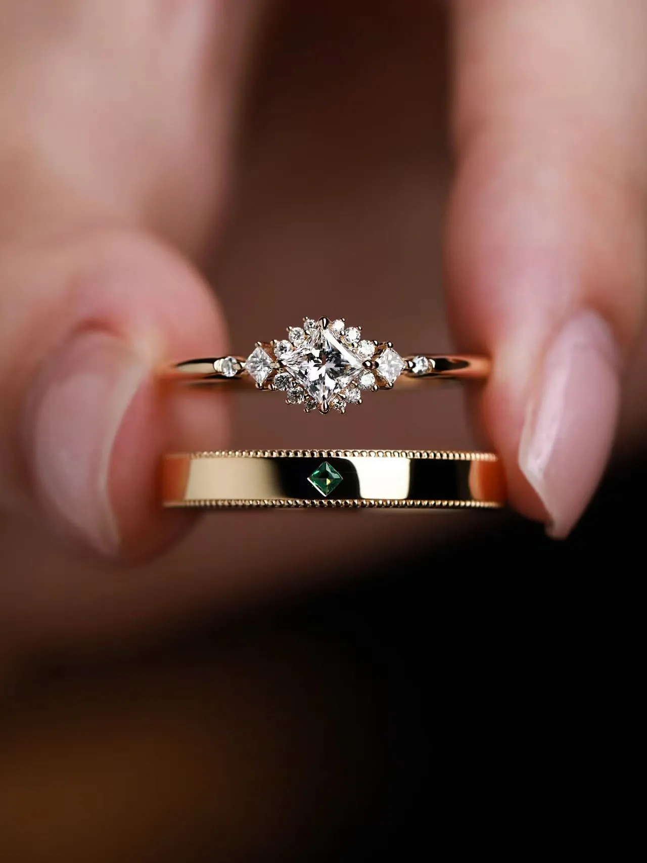 Свадебный комплект Square Cut Lab & Natural Diamonds His & Hers из золота 18 карат/14 карат/9 карат и PT950, соответствующие ленты